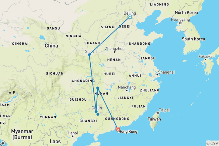 Carte du circuit 14 jours de vacances en petit groupe en Chine avec Zhangjiajie et hôtels de luxe