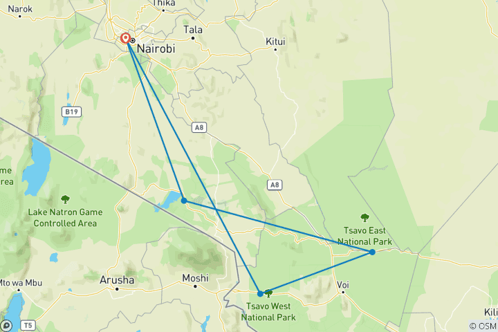 Carte du circuit Safari côtier à Amboseli, Tsavo Est et Tsavo Ouest - 5 jours