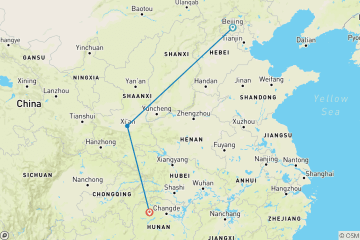 Map of 9-Day China Tour to Beijing, Xi'an, Zhangjiajie: All Inclusive,5-star Hotel