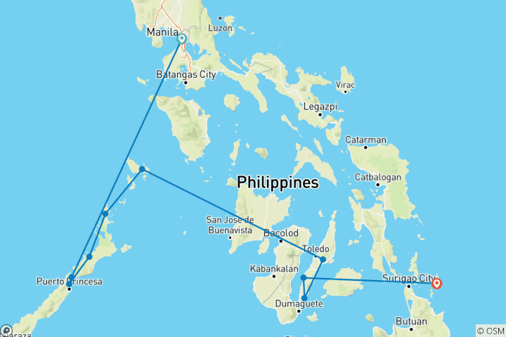 Carte du circuit 16 jours d'aventure aux Philippines avec l'expédition d'El Nido à l'île de Coron (circuit indépendant)