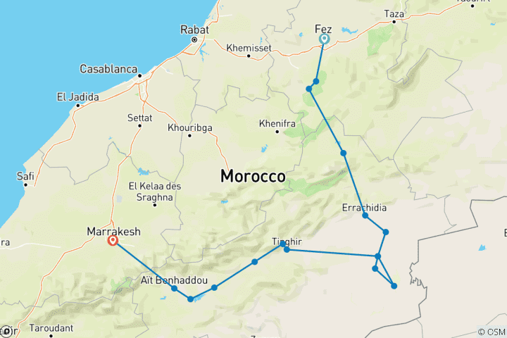 Karte von Fes nach Marrakesch 3-tägige Wüstentour - Kameltrek & Sahara Camp