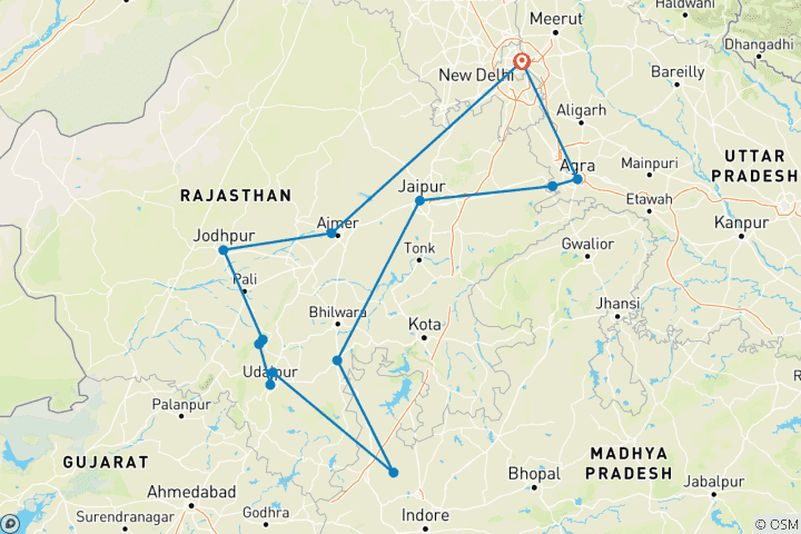 Kaart van Taj met Raj India rondreis