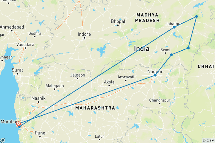 Karte von Indien Tiger Safari mit Mumbai