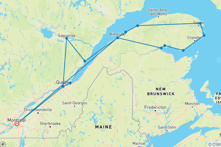 Carte du circuit Le Québec en profondeur avec la Gaspésie