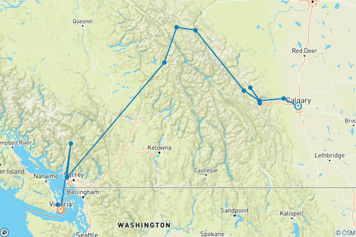 Kaart van Passage door de Rockies Calgary → Victoria (2026)