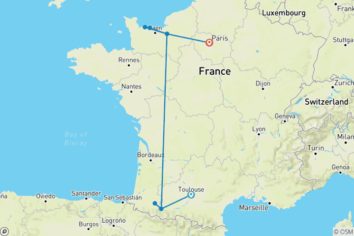 Map of Shrines of France (Toulouse to Paris)