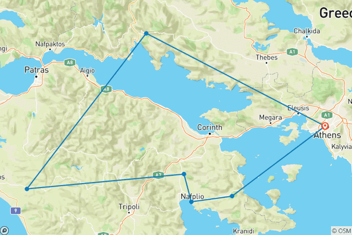 Mapa de Circuito Clásico de Grecia con Nauplia - Cuatro días desde Atenas