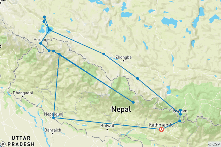 Karte von Kailash Rundreise via Simikot - 21 Tage