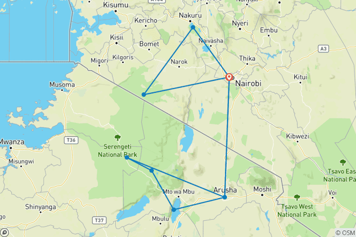 Kaart van 10-daags Kenia & Tanzania Budget Safari Avontuur (Groepsreis)