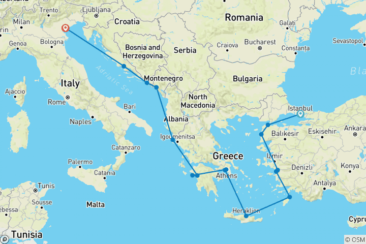 Mapa de Tesoros antiguos del Adriático: de Estambul a Venecia