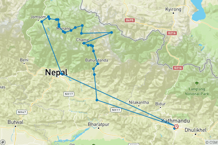 Kaart van Nar Phu Kangla Pas met Annapurna Trek - 17 Dagen
