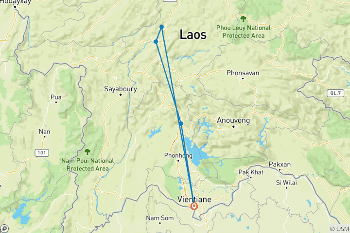 Map of Amazing Laos Honeymoon Trip From Vientiane via Vang Vieng to Luang Prabang