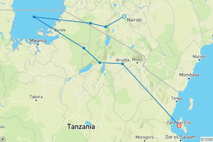 Carte du circuit Afrique de l'Est réelle et; Zanzibar