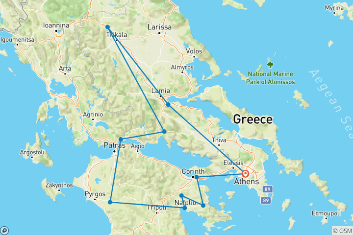 Carte du circuit Circuit privé de 4 jours au départ d'Athènes, Mycènes, Olympie, Delphes, Météores