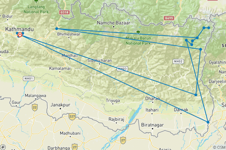 Carte du circuit Trek du Kanchenjunga Nord et Sud - 23 jours