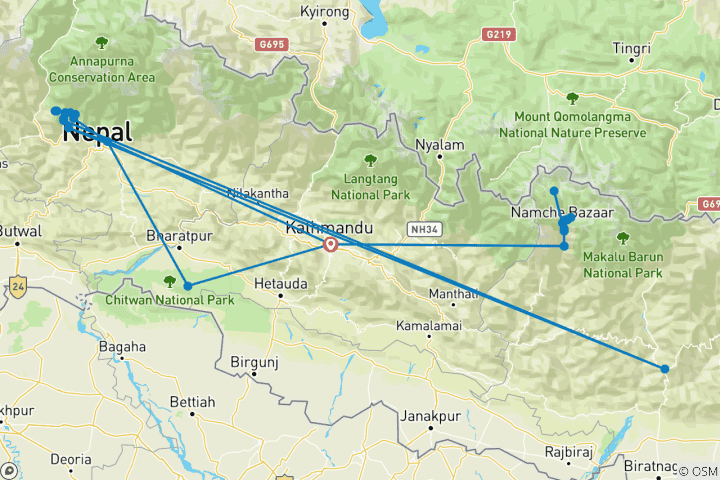 Kaart van 19 dagen -Everest, Annapurna & Chitwan - Het beste van Nepal