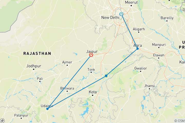 Mapa de 8 Días Delhi Agra Ranthambore Udaipur Jaipur Delhi Circuito - Taj Mahal Tigres Lagos y Más