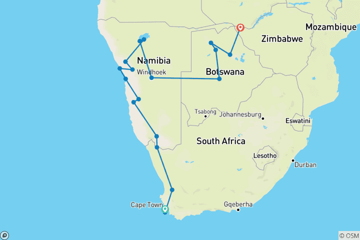 Karte von Kapstadt nach Vic Falls