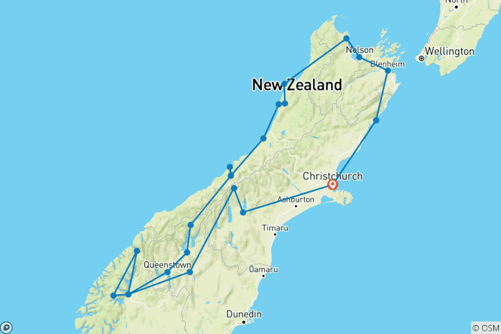 Carte du circuit Aventure pédestre en Nouvelle- Zélande