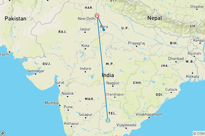 Mapa de Excursión Privada de 2 Días al Taj Mahal desde Hyderabad con Vuelo