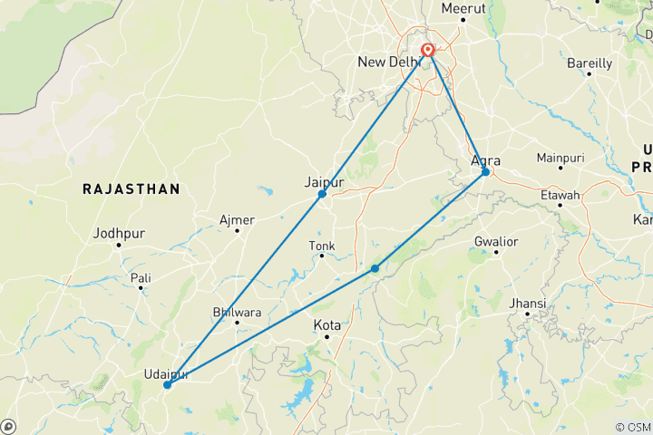 Karte von Goldenes Dreieck mit Ranthambore & Udaipur: Taj Mahal, Tiger & Seen - 8 Tage