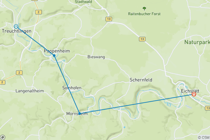 Carte du circuit Sentier panoramique de l'Altmühltal, Treuchtlingen - Eichstätt