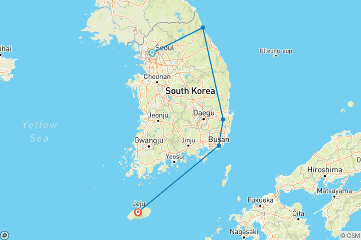 Kaart van Avonturenreis door Zuid-Korea - van Seoul naar het eiland Jeju - 12 dagen