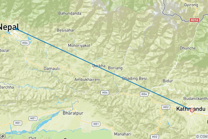 Carte du circuit 3 jours de visite de la ville de Pokhara depuis Katmandou par vol