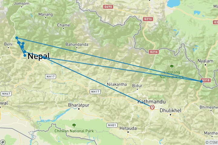 Kaart van Natuurlijke warmwaterbronnen tocht vanuit Kathmandu