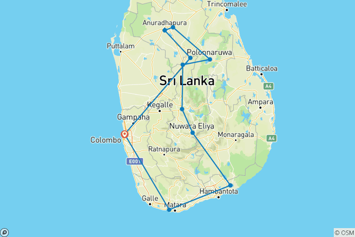 Mapa de Vacaciones en familia en Sri Lanka 10 días con conductor privado, vehículo y alojamiento H/B