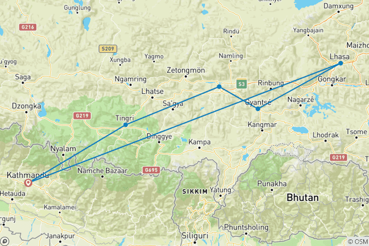 Karte von Tibet Überlandreise mit Everest Basislager - 8 Tage