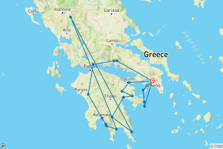 Mapa de Excursión de 6 días por la Antigua Grecia y el Peloponeso con Crucero por las Islas Sarónicas