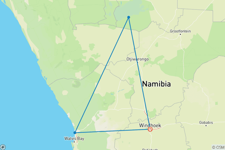 Mapa de Safari por el PN Etosha y Swakopmund 4 días / 3 noches