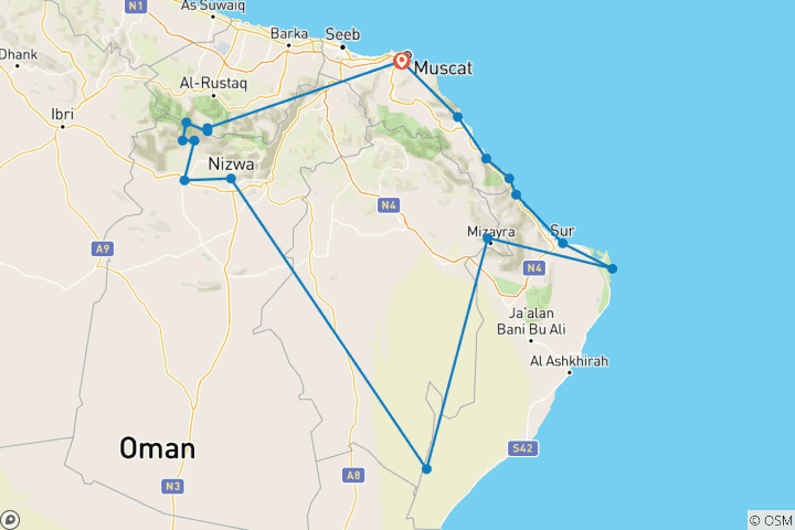 Carte du circuit Trésors d'Oman 6 jours - Circuit touristique à Oman