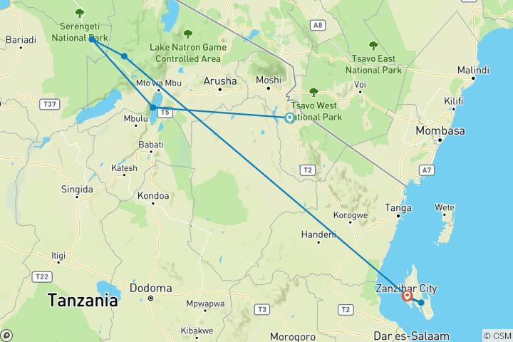 Karte von Tansania Safari (inkl. Serengeti) & Sansibar - 8 Tage