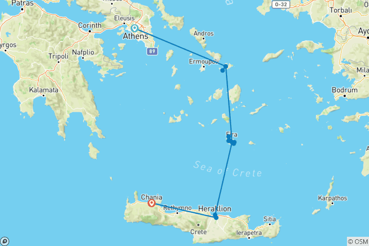 Carte du circuit Athènes, Mykonos, Santorin et Crète : circuit de 10 jours en Grèce