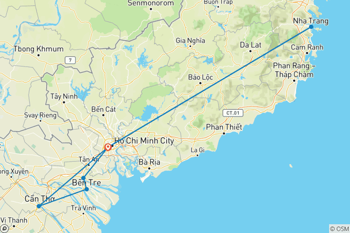 Carte du circuit Voyage privé sur mesure de 10 jours au Vietnam dans le delta du Mékong, départ quotidien