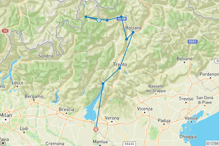 Mapa de Valles alpinos de Italia - Alto Adigio, Lago de Garda y Verona - Clásico Autoguiado - ¡Nuevo itinerario 2026!