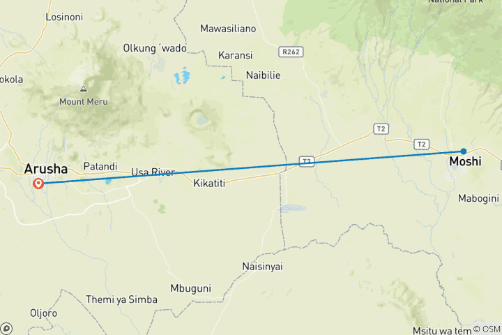 Map of Materuni Waterfalls, coffee tour & kikuletwa hot-springs 1 day