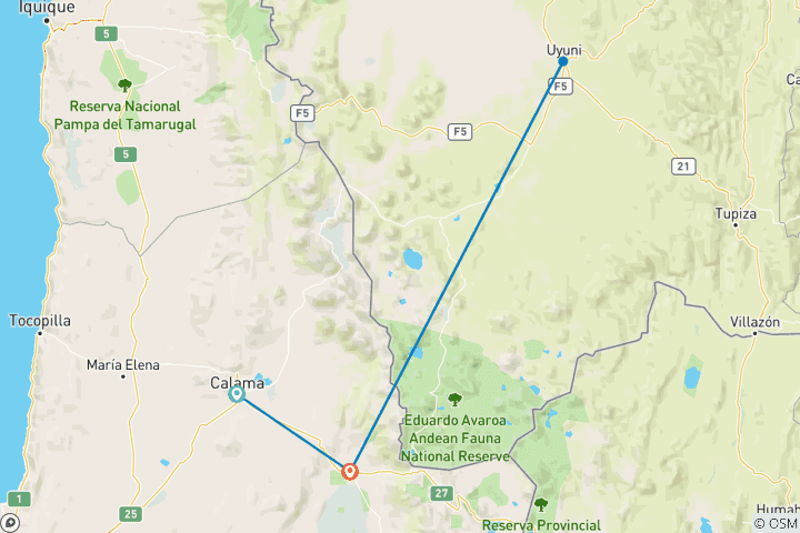 Carte du circuit Aventure Atacama et salines d'Uyuni 7J/6N