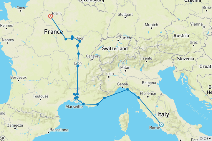 Carte du circuit De l'Italie à la France (21 destinations)