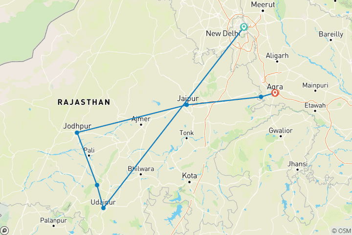 Carte du circuit 10 jours d'excursion personnalisée dans le Triangle d'Or de l'Inde et le Rajasthan, départ quotidien