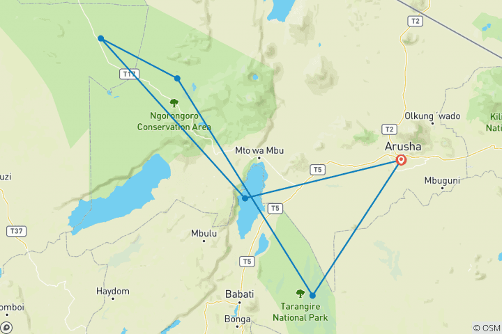 Carte du circuit Le meilleur de la Tanzanie, 8 jours de safari