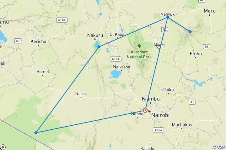 Kaart van 12-daagse Mount Kenya Beklimming, Lake Nakuru & Masai Mara Wildlife Safari - Comfort