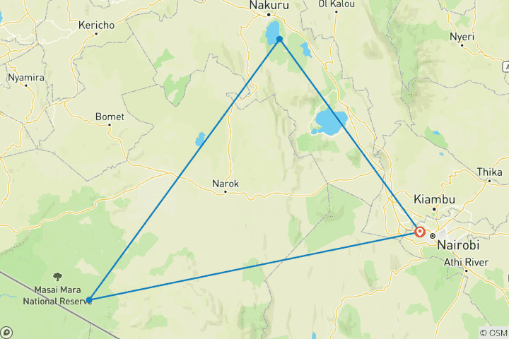 Map of 4-Days Masai Mara and Lake Nakuru Luxury Safari on a 4x4 Land Cruiser Jeep