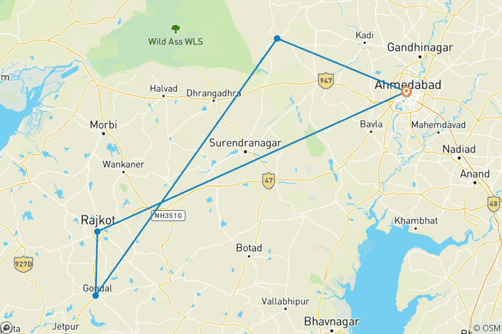 Carte du circuit 10 jours d'excursion inoubliable à la rencontre de la faune et de la flore : Lions d'Asie, coqs de bruyère, ânes sauvages et oiseaux rares