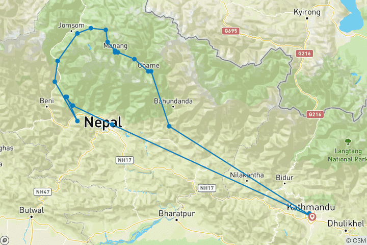 Map of Annapurna Circuit Trek - 15 Days