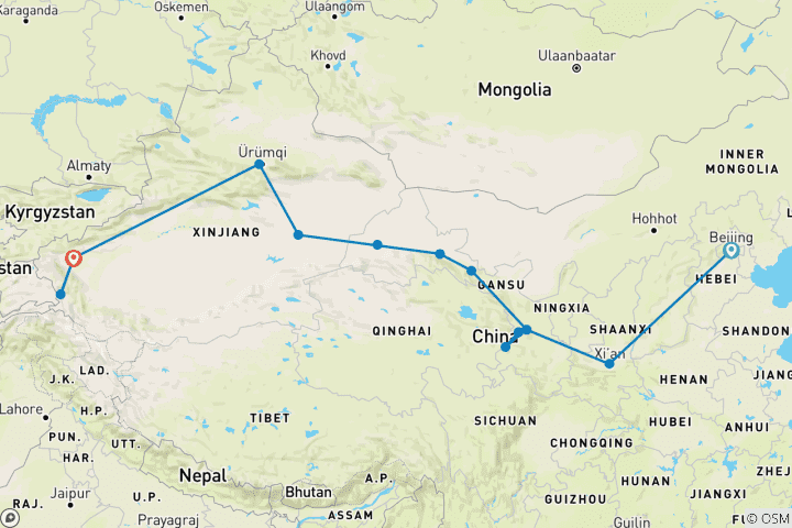 Karte von Chinas Seidenstraße 16 Tage: Peking, Xian, Lanzhou, Labrang, Jiayuguan, Dunhuang, Turpan, Urumqi, Kashgar