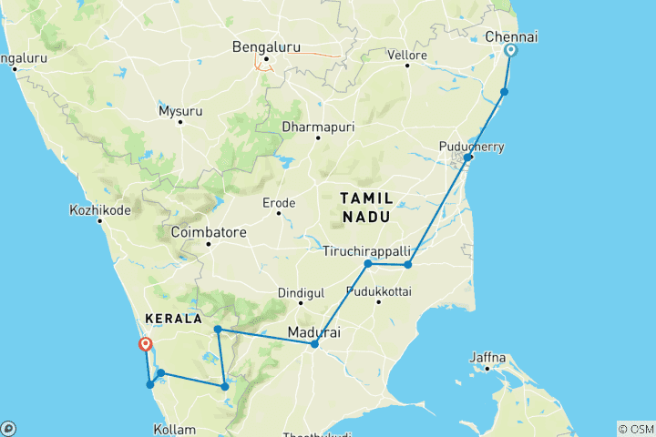 Map of Personalized Family Trip to South India, Daily Start & Private Car