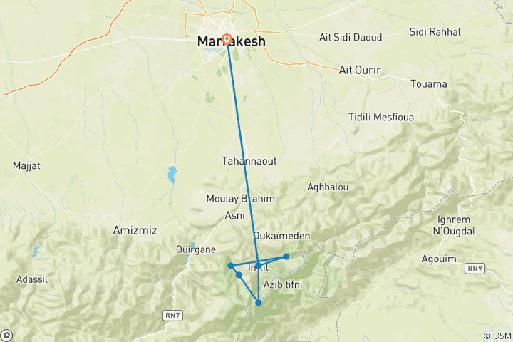 Kaart van 6-daagse trektocht door de Atlasvallei en beklimming van de Toubkal